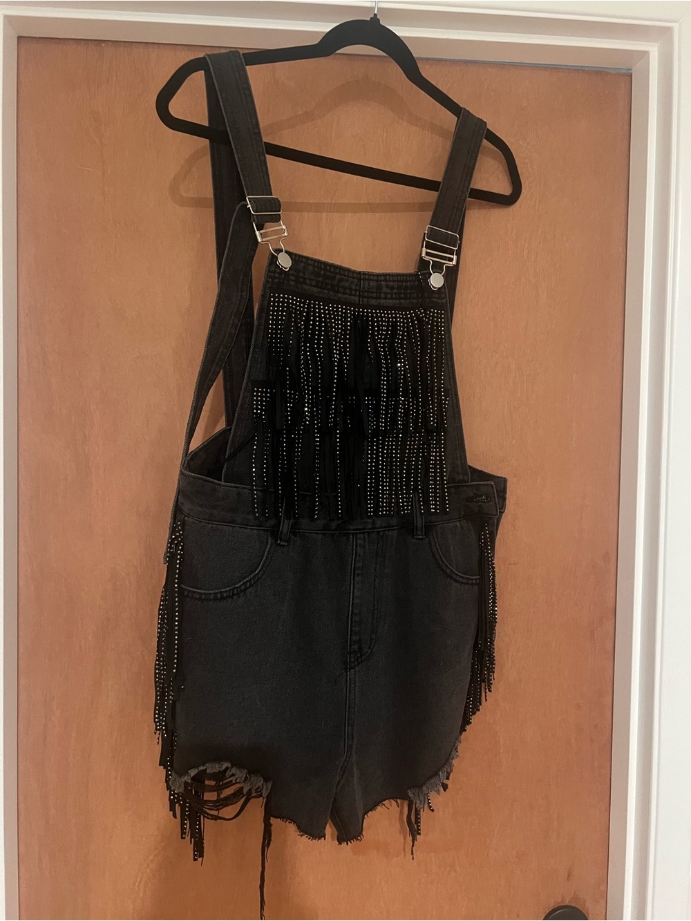 Black Denim Fringe Overall Shorts